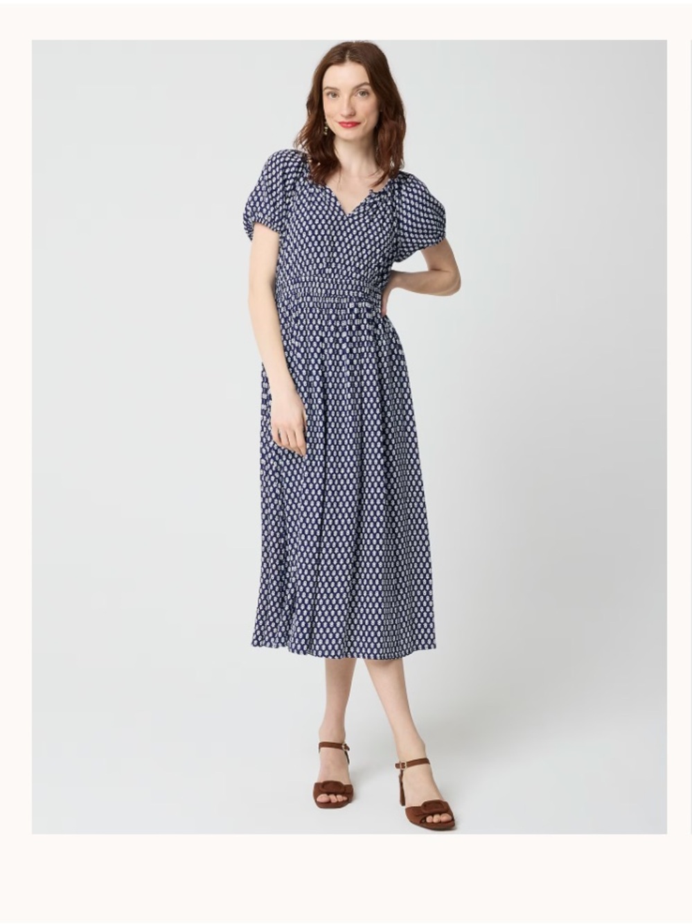 J. Crew Factory Navy White Printed V-Neck Midi Dress 2X
